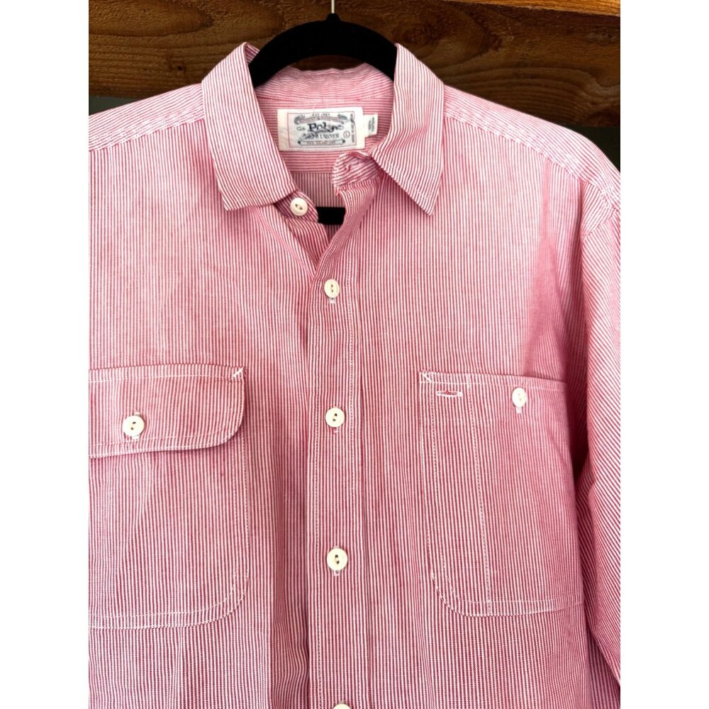 Vintage Polo Ralph Lauren Red White Stripe Button Front Mens Shirt